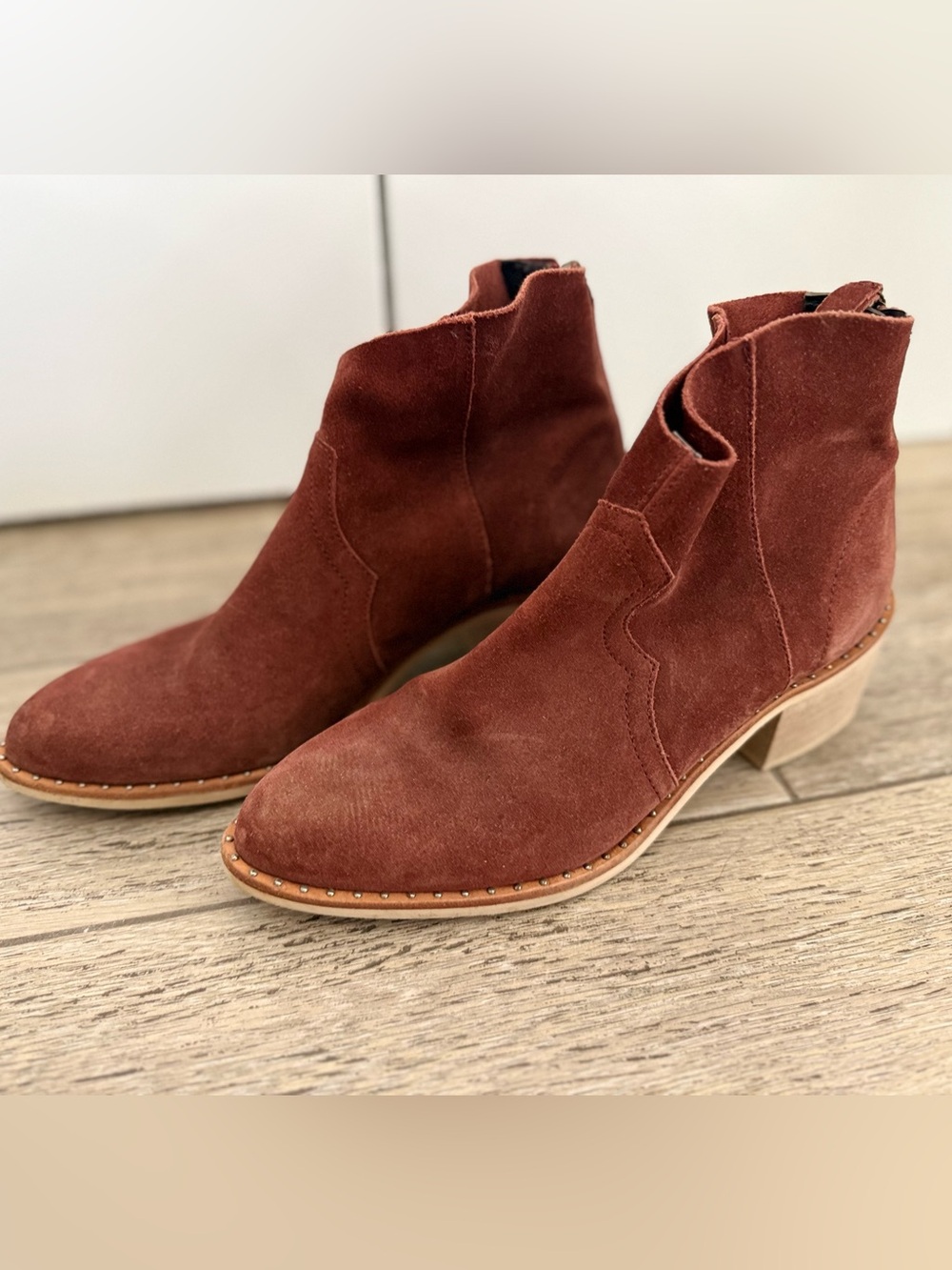 Crevo Suede Ankle Booties in Rusty maroon
